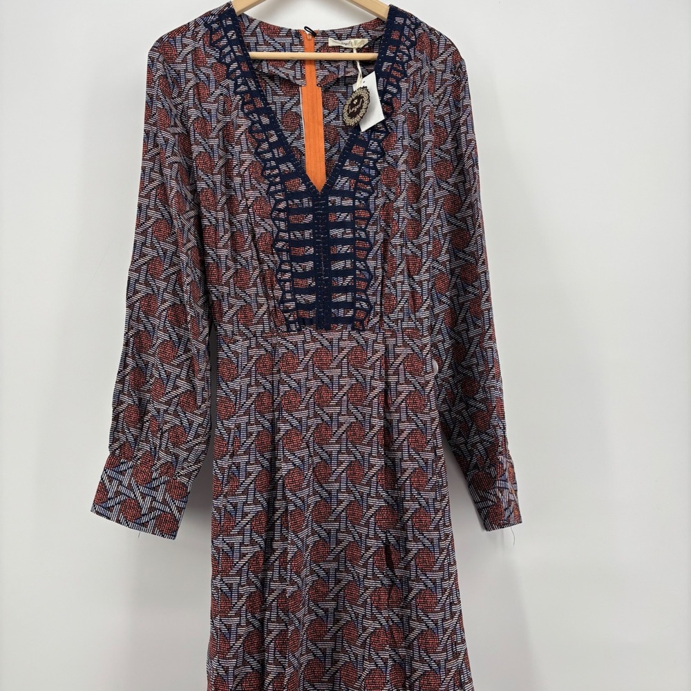 NWT Hazel Women Maxi Dress Large Coral Geometric Embroidered V-Neck Long Sleeve